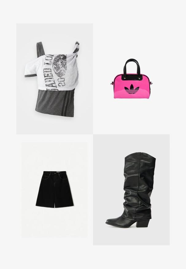 Grijze en witte tanktop met een grafische print, asymmetrisch ontwerp, zachte stof en dunne bandjes. Twee horizontale strepen op het grijze gedeelte.; Zwarte denim shorts met een losse pasvorm, uitgerust met vijf zakken, gele stikselaccenten en een midi-heup ontwerp.; Zwarte leren laarzen tot de knie met een verslonden ontwerp, puntige neus en een chunky hak, voorzien van een zachte textuur en minimale stiksels.; Roze gepatineerde handtas met een zwart logo en handvatten, met een ronde vorm en ritssluiting. Glanzende textuur verhoogt de zichtbaarheid.