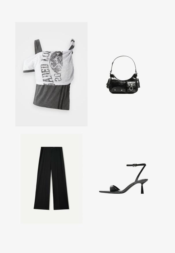 Grijze en witte tanktop met een grafische print, asymmetrisch ontwerp, zachte stof en dunne bandjes. Twee horizontale strepen op het grijze gedeelte.; Bershka WIDE - Broek - black; Bershka Sandalen met hoge hak - black; Zwarte laarzen in lakleer met een gebogen vorm, één schouderband, voorvakken en accenten in zilverkleurig metaal.