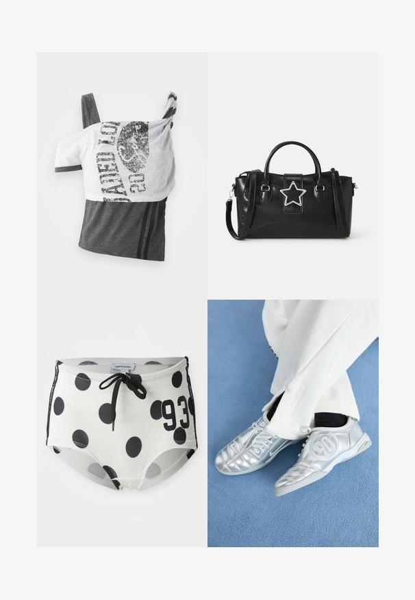 Hall sees ja valge tank top, millel on graafiline print, asümmeetriline disain, pehme kangas ja õhukesed rihmad. Halli osa peal on kaks horisontaalset triipu.; Mustvalged must-valgete täppidega ujumispüksid kummeeritud vöökohaga, mille esiosal on number "93" ja mis on valmistatud siledast ja venivast kangast.; Hõbedased spordijalatsid, millel on sile ja läikiv pind, eristuvad õmmeldud mustriga ning külje peal on number 90, millele on lisatud valged püksid.; Mustmust mustrihmapu, millel on tähtkujuline hõbedane aktsent, kaks kätet ning reguleeritav õlarihm.