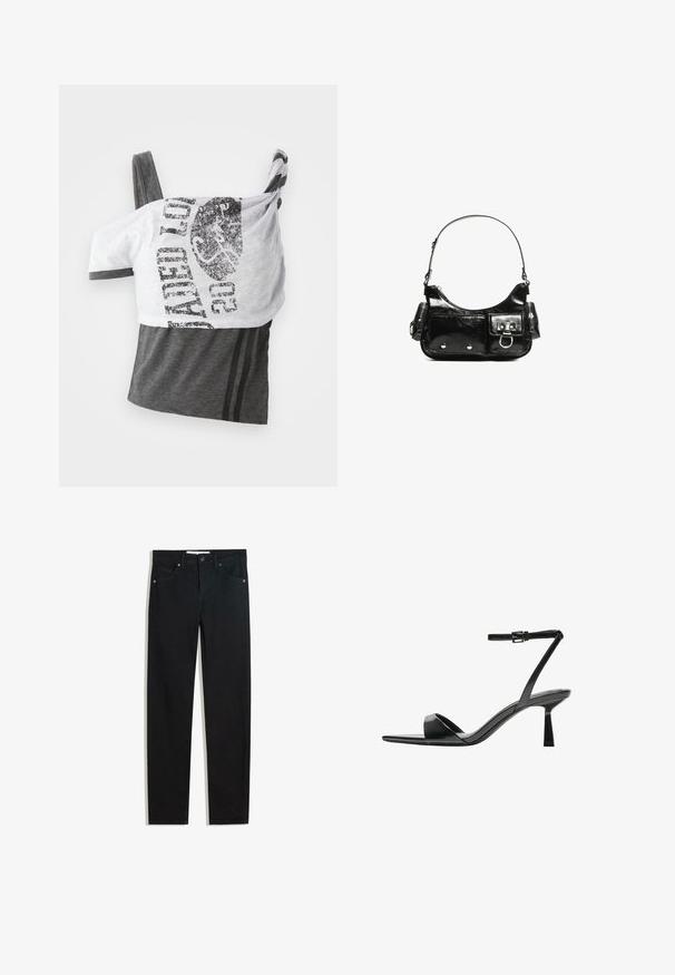 Grå og hvid tanktop med grafisk print, asymmetrisk design, blødt stof og tynde stropper. To vandrette striber på den grå sektion.; Sorte denimbukser med lige ben, fem lommer, metalknaplukning og diskrete syningsdetaljer. Glat tekstur.; Bershka Højhælede sandaletter / Højhælede sandaler - black; Sort patenteret læder håndtaske med en buet form, en skulderrem, frontlommer og hardware accenter i sølvfarve.