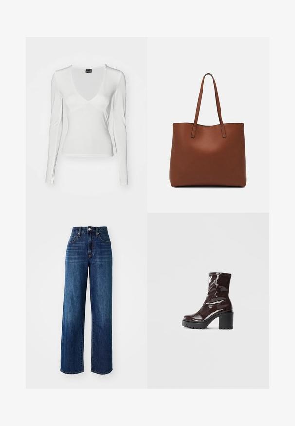 White long-sleeve top with a deep V-neck and fitted silhouette. Made of smooth fabric, featuring seam detailing and a subtle sheen.; Dark blue denim jeans with a high waist, wide-leg design, front and back pockets, and subtle fading. Metal hardware on the waistband.; Glossy burgundy ankle boot with a chunky black heel, featuring a smooth texture and simple design. No visible fastenings or patterns.; Brown leather tote bag with a smooth texture, open top design, and two shoulder straps. Features minimal stitching and no visible hardware.