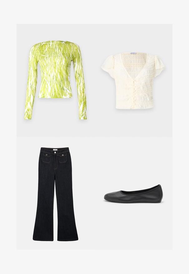 Langermet topp i lys limegrønn med et hvitt abstrakt mønster, med en tettsittende fasong og rund halsringning.; Kremfarget topp med korte ermer, smocket tekstur, V-hals og knappelukking. Lett materiale med subtile puff-ermer.; Utsvingte mørke denimbukser med høy midje, to frontlommer og oransje søm. Materialet ser robust og glatt ut.; Svart skinnballettflatt med rund tå, glatt tekstur, minimal sømdetalj, og et fleksibelt såledesign.