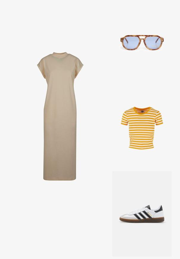 Žuta i bijela prugasta majica kratkih rukava s okruglim izrezom i prilagođenim krojem, izrađena od mekanog, laganog materijala.; Biserna haljina do koljena napravljena od glatkog materijala. Ima okrugli izrez i kratke, upučene rukave. Jednostavan, ravno krojeni dizajn.; Bijele kožne tenisice s crnim suedinim akcentima, tri crne pruge, bež gumeni potplat i zlatni "SPEZIAL" brend na boku.; Naočale u kornjačastoj boji s plavim staklima, uglasti dizajn, deblji okvir i rez na nosnom mostu; sadrže zlatni naglasak na sljepoočnici.