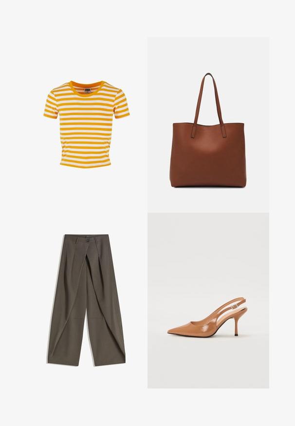 Tricou cu mânecă scurtă, în dungi galbene și albe, cu un guler rotund și un design ajustat, realizat dintr-un material moale și ușor.; Pantaloni largi confecționați dintr-un material texturat, de culoare gri închis. Au un pliu frontal, închidere cu nasture și buzunare laterale pentru confort.; Pantofii cu toc slingback, cu vârful ascuțit, dintr-un material tan neted și strălucitor. Prezintă un design cu decupaj curbat și un toc subțire stil stiletto. Detaliu cu cataramă argintie.; Geantă de umăr din piele maro cu o textură netedă, design cu vârf deschis și două curele pentru umăr. Prezintă cusături minime și fără componente metalice vizibile.