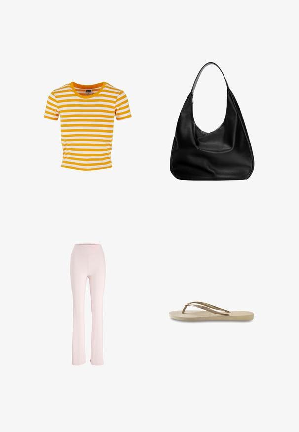 Gul og hvid stribet kortærmet t-shirt med rund hals og en tætsiddende pasform, lavet af et blødt, let materiale.; Lyse pink flared bukser lavet af blødt, strækbart materiale med en højtalje og uden synlige mønstre eller hardware.; Lys beige flip-flop med tekstureret fodseng, flad sål og tynde, blanke stropper. Har subtil branding på stroppen.; Sort læder hobo taske med et afslappet design, bred skulderrem og glat tekstur. Har en enkelt lynlåslukning på siden.