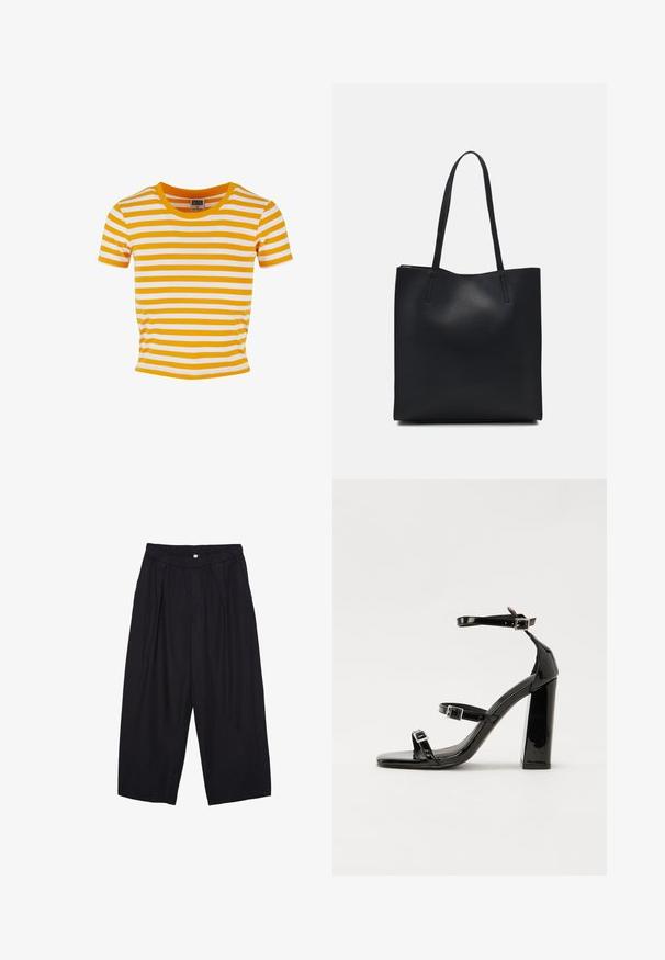 Kelta- ja valkoraitainen lyhythihainen t-paita, jossa on pyöreä pääntie ja muotoiltu malli, valmistettu pehmeästä ja kevyestä kankaasta.; Musta polyesterinen culotte-housut, jossa on joustava vyötärö, kaksi etupleettiä ja löysä siluetti. Ei näkyviä kuvioita tai metallisia yksityiskohtia.; Musta kiiltävä korkokenkä sandaalit neliönmuotoisella varpaalla, nilkkaremmillä ja hopeisilla soljilla. Varustettu tukevalla lohkokorkealla vakauden takaamiseksi.; Mustapahkainen kangaskassi, jossa on sileä pinta, suorakaiteen muotoinen ja kaksi pitkää kahvaa. Ei näkyvää metalliosaa tai koristeita.