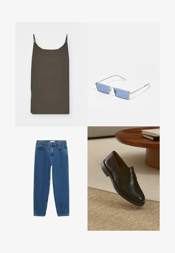 GmbH KILIAN - Top - khaki; Svetlo modri kavbojki z ravnim krojem, ki imajo klasičen petnamenski stil in gumbasto zapiranje pri pasu.; Črni usnjeni loafer z gladko površino, zaobljenim nosom in dekorativnim pasom čez zgornji del. Nizek gumijasti pet, umeščen na teksturirano površino.; Kovinske sončne očala pravokotne oblike, z modrimi lečami in srebrnim okvirjem. Imajo nosne blazinice in tanke, ravne ročaje.