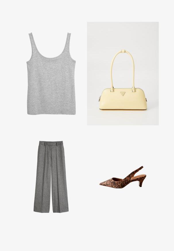 Grijze tanktop van zacht katoen, met brede schouderbanden en een ronde halslijn. Glide textuur en geen zichtbare patronen.; Grijze wollen wijdvallende pantalon met riemlussen en geplooide voorkant, ontworpen voor een ontspannen, tailor-made pasvorm.; Sluipende leopardenprint slingback hakken met een spitse neus, lage hak en een gladde textuur. Heeft een uitsnijding aan de zijkanten en achterkant.; Geel gepatenteerd leren handtas met een ronde vorm, enkele bovenhandgreep en een zilveren logo plaat. Voorzien van een ritssluiting en een gladde textuur.