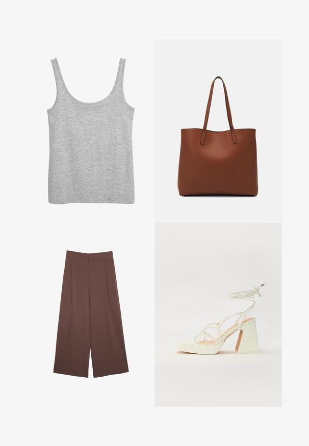 Graues Tanktop aus weichem Baumwollmaterial mit breiten Schulterträgern und einem runden Halsausschnitt. Glatte Textur und keine sichtbaren Muster.; Braune Weite-Leg-Hosen mit einer glatten Textur, hoher Taille und Vorderfalten. Der Stoff ist leicht und fällt locker.; Weiße High-Heel-Sandale mit einem klobigen Absatz, die über ein Riemchendesign und ein Knöchelband verfügt. Glatte Textur mit einer Plattform vorne für zusätzliche Höhe.; Braune Leder-Tote mit glatter Textur, offenem Oberteil und zwei Schulterriemen. Verfügt über minimale Nähte und keine sichtbaren Beschläge.