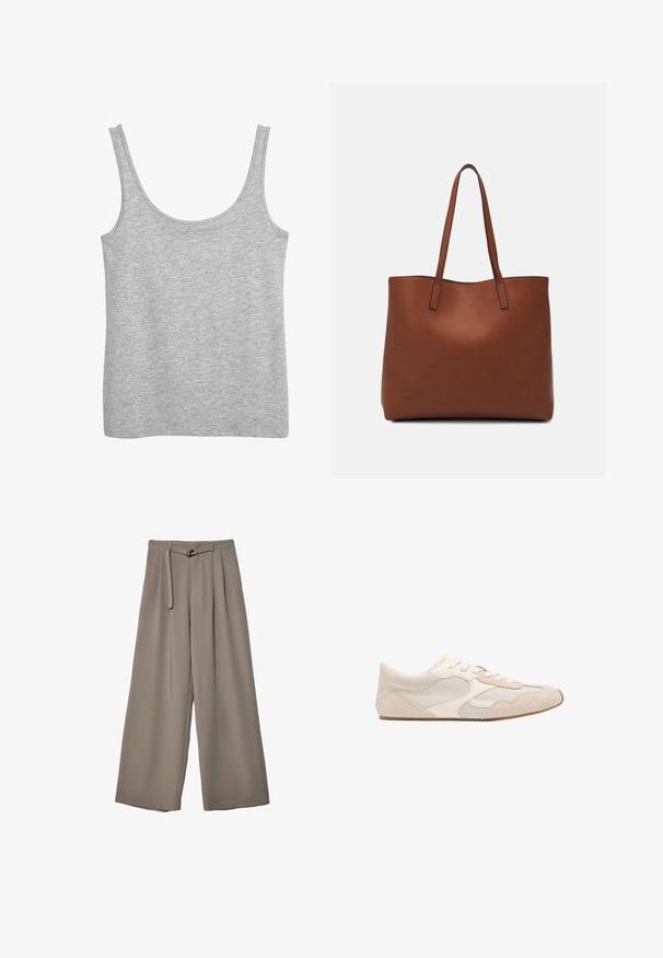 Siva majica brez rokavov iz mehkega bombažnega materiala, z širokimi naramnicami in okroglim izrezom. Gladka textura in brez vidnih vzorcev.; Široke hlače iz mehke, umirjene sive tkanine, z pasom, ki ga je mogoče zavezati, in z gubami za dodatne oblikovne podrobnosti. Gladka tekstura, brez vzorcev.; Bežna atletska čevlja, ki združuje mrežaste in semiš materiale, ima okroglo konico in vezalke. Teksturovani detajli na zgornjem delu povečujejo oprijem.; Rjava usnjena torba z gladko teksturo, odprto zasnovo zgoraj in dvema naramnima trakovoma. Opremljena je z minimalnim šivanjem in brez vidnih kovinskih delov.