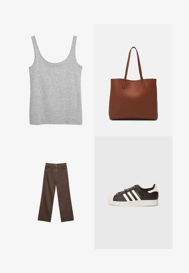 Grijze tanktop van zacht katoen, met brede schouderbanden en een ronde halslijn. Glide textuur en geen zichtbare patronen.; Brede bruine spijkerbroek van denim, met een hoge taille, voorzakken en een klassieke knoopsluiting. Soepele textuur met subtiele stiksels.; Low-top Adidas Superstar sneaker in donkerbruin leer met crème shell-toe, witte strepen en de tekst "Superstar" aan de zijkant.; Bruine leren tote bag met een gladde textuur, een ontwerp met een open bovenkant en twee schouderbanden. Kenmerkt zich door minimale stiksels en geen zichtbare hardware.