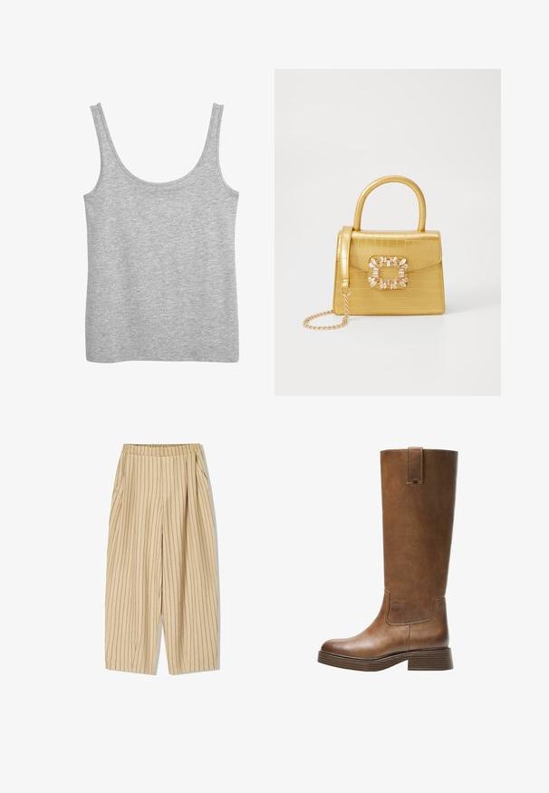 Graues Tanktop aus weichem Baumwollmaterial mit breiten Schulterträgern und einem runden Halsausschnitt. Glatte Textur und keine sichtbaren Muster.; Beige gestreifte Hosen mit elastischem Bund, zwei Seitentaschen, lockerer Passform und vertikalen schwarzen Nadelstreifen als Detail.; Braunes Leder-Knöchelhochstiefel mit abgerundetem Zeh, strukturiertem Obermaterial und niedrigem, gestapeltem Absatz. Verfügt über ein seitliches Einsätzen und eine Ziehschlaufe an der Oberseite.; Gelbe Kunstleder-Handtasche im Krokodil-Look mit strukturiertem Design, Obergriff, abnehmbarem Kettenriemen und dekorativer Kristallverzierung am Verschluss.