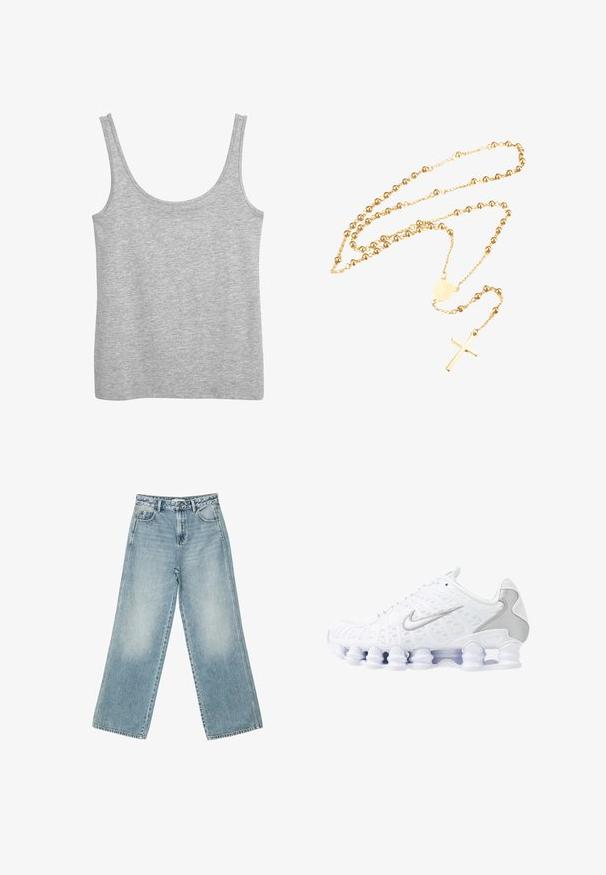 Gray tank top made of soft cotton material, featuring wide shoulder straps and a scoop neckline. Smooth texture and no visible patterns.; Light blue wide-leg jeans made of denim, featuring a high waist, five-pocket design, and subtle fading along the legs.; White athletic shoes with mesh upper, silver accents, and a unique coil sole design. Features padded collar and lace closure for fit.; Gold-tone rosary necklace featuring spherical beads, a central decorative medallion, and a cross pendant. Smooth finish throughout.