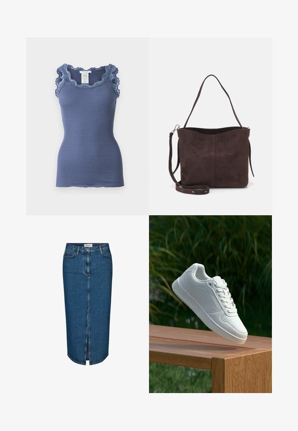 Mėlynas ripsuotas maikutė su banguota nėriniu apykaklėje ir pečiuose, turinti priglundantį dizainą ir minkštą tekstūrą.; Tamsiai mėlyna džinsinė pieštuko sijonas, turintis priekį įpjovą, penkis kišenes ir kontrastingą siuvimą. Vidutinio aukščio liemuo su klasikiniu dizainu.; Balti sneakeriai su lygia sintetine viršutine dalimi, perforuota pirštų zona, plokščiomis raištelėmis ir tekstūruotu padu, padėti ant medinės paviršiaus.; Ruda suede audinė su minkšta tekstūra, turinti vieną petį ir subtilų kreivinį viršutinį atidarymą. Matomų metalinių detalių nėra.