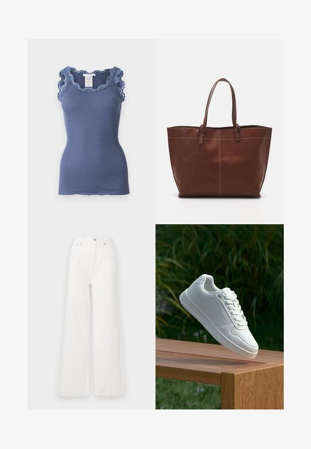 Camiseta sem mangas azul canelada com acabamento em renda com escolhos ao longo do decote e dos ombros, apresentando um design justo e uma textura suave.; Calças de ganga brancas de cintura alta e pernas largas. Apresentam bolsos frontais, fecho com botão e detalhes de bainha desfalcada.; Sapatilha branca com um cabedal sintético liso, caixa dos dedos perfurada, atacadores planos e uma sola texturizada, exposta sobre uma superfície de madeira.; Sacola Tote de couro castanho com alças duplas, apresenta costura em contraste e um design espaçoso, adequada para o uso diário.