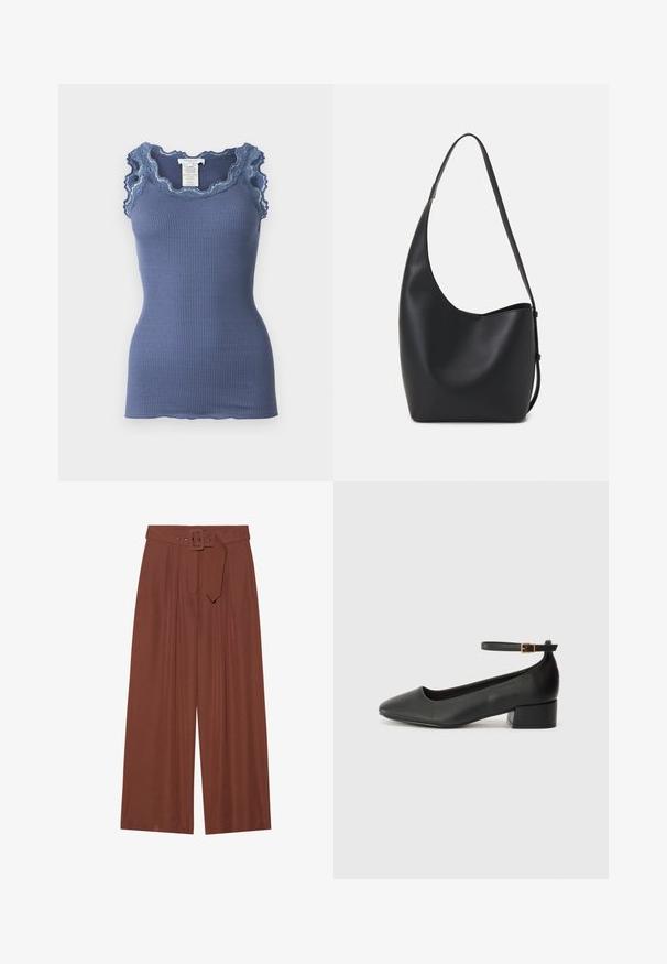 Mėlynas ripsuotas maikutė su banguota nėriniu apykaklėje ir pečiuose, turinti priglundantį dizainą ir minkštą tekstūrą.; Plačios kelnių kelnės rudos spalvos audinyje, su diržu su kvadratiniu sagtimi, klostuotų dizainu ir lygiu paviršiumi.; Juodas odinis aukštakulnis batelis su smailiu pirštu ir žemu bloku. Su kulkšnies dirželiu su auksinės spalvos sagtimi. Lygus paviršius.; Juodas odinis hobo maišas su lygiu paviršiumi, kreipta forma ir viena reguliuojama rankena; turi platų atidarymą viršuje.