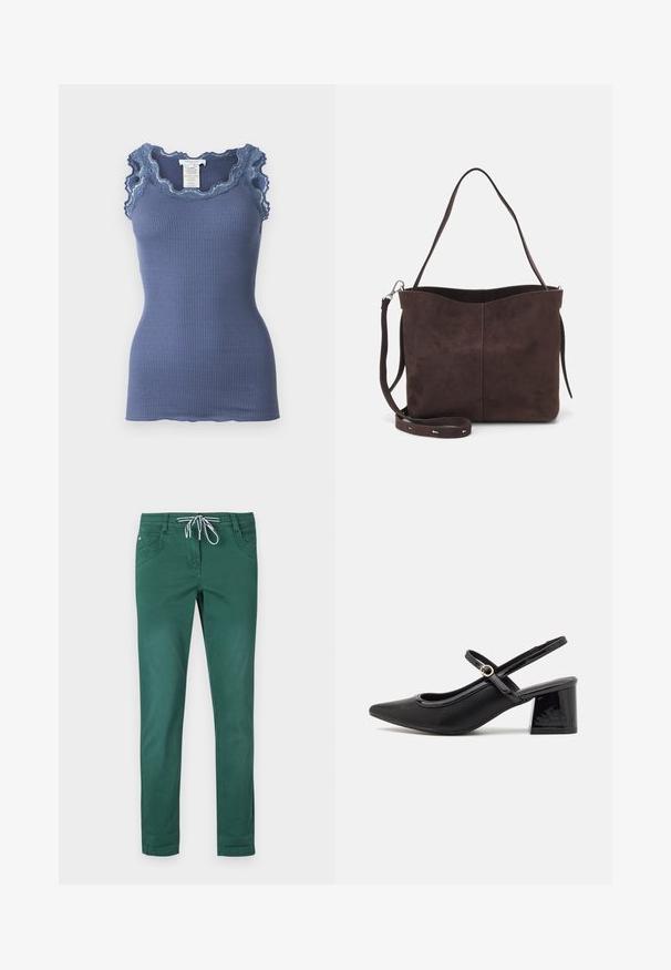 Top blu ribbed senza maniche con bordi in pizzo scallop lungo il collo e le spalle, caratterizzato da un design aderente e una morbida texture.; Pantaloni in misto cotone verde con design a gamba dritta, vita con cordoncino e due tasche frontali. Tessuto liscio e senza fantasie.; Décolleté in vernice nera con cinturino dietro, punta affusolata, design con ritagli arrotondati e tacco a blocco. Presenta un accento di fibbia tono oro.; Borsa a spalla in suede marrone con una texture morbida, caratterizzata da una singola tracolla e un'apertura superiore leggermente curvata. Nessun dettaglio hardware visibile.