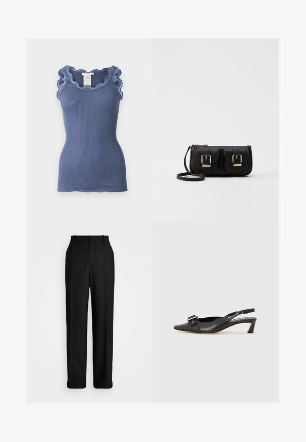Ribbed blue tank top with scalloped lace trim along the neckline and shoulders, featuring a close-fitting design and a soft texture.; Polo Ralph Lauren HIGH RISE RELAXED STRAIGHT TROUSER - Trousers - black; Black leather slingback shoe with pointed toe, small heel, and decorative buckle detail on the upper. Smooth texture, minimalistic design.; Black leather crossbody bag with two front pockets, gold buckles, zipper closure, and a slim strap. Textured surface and compact rectangular shape.