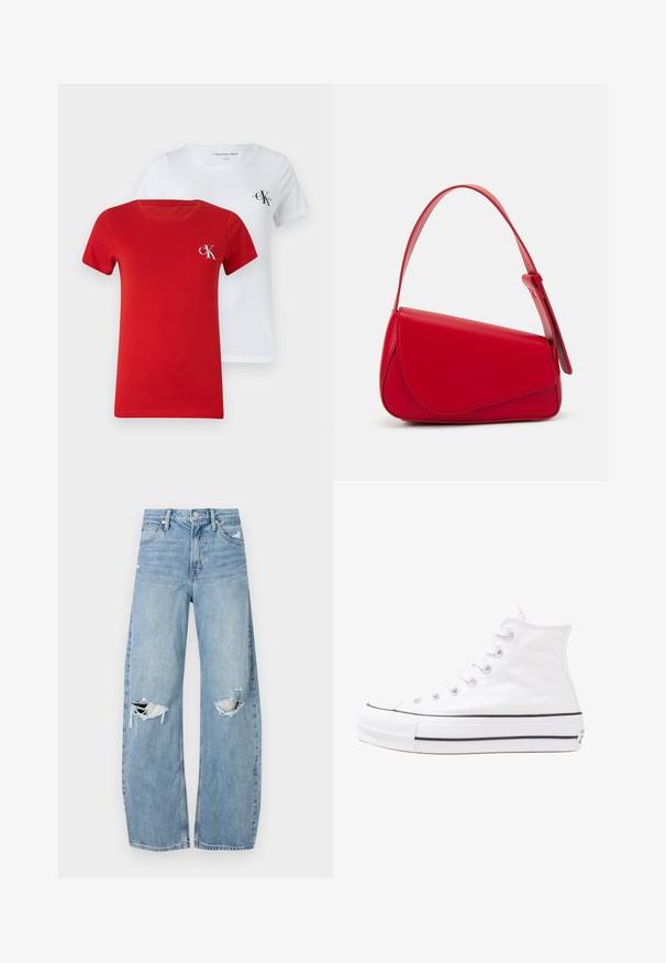Dva majice u crew neck stilu, jedna crvena i jedna bijela, izrađene od glatkog pamuka. Svaka ima mali CK logo u kontrastnoj boji na prsima.; Svijetloplave, visoko-strukirane traperice. Imaju široke nogavice, dva razderana područja na koljenima i klasičan stil s pet džepova.; Bijela visoka platnena tenisica s crnom gumenom potplatom, prednjim gumenim zaštitnikom prstiju i šest rupa za vezanje, s čistim, minimalističkim dizajnom.; Crvena kožna torba s kutnim, geometrijskim dizajnom. Ima jedan podesivi remen i preklopni zatvarač sa šivenim detaljima.