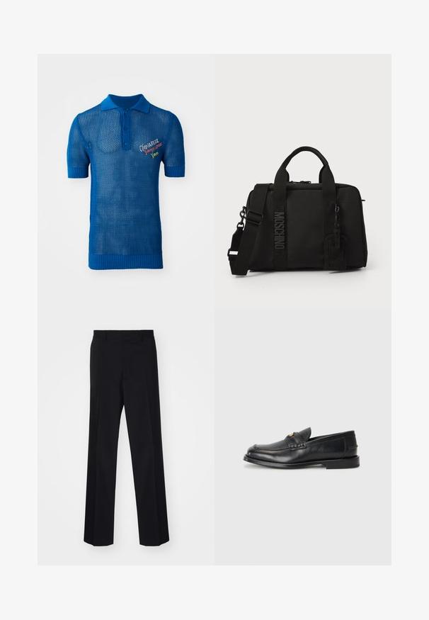 Modrá pletená polo košile s síťovaným designem, s krátkými rukávy, strukturovaným límcem a barevným vyšitým logem na přední straně.; Černé kalhoty na míru s širokým střihem, s hladkou texturou a ostrými záhyby, vyrobené z tkané látky.; Černé kožené loafers mají zaoblenou špičku, šité detaily a malý zlatý akcent na přední straně. Podešev je plochá a nenápadná.; Černá textilní taška s dvojitými uchy a odnímatelným popruhem na rameno. Disponuje embosovaným logem a koženou visačkou. Hladká textura, obdélníkový tvar.