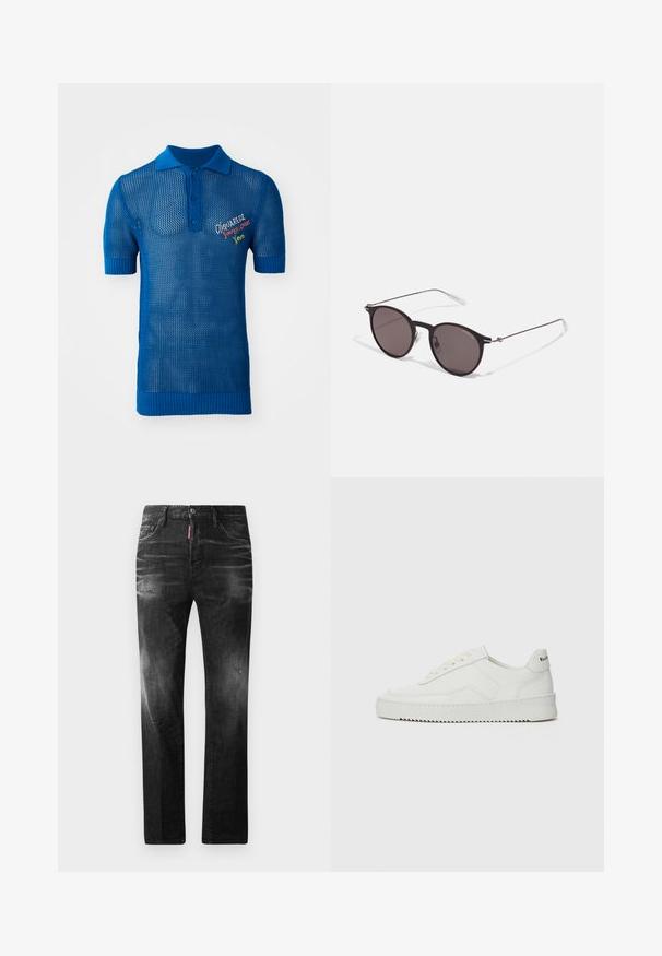 Blå strikket polo-shirt med mesh-design, med korte ærmer, en struktureret krave, og et farverigt broderet logo på fronten.; Sorte denim jeans med lige pasform. Har falmede områder, mindre slid, klassisk fem-lommer design og knaplukning.; Hvide lædersneakers med en glat overflade, rund tå, flade snørebånd og en tekstureret sål. Har et diskret logo på hælen.; Sorte runde solbriller med mørke linser og slanke metalarme. Inkluderer klare tempeltips og sølvdetaljer ved hængslet. Minimalistisk design.