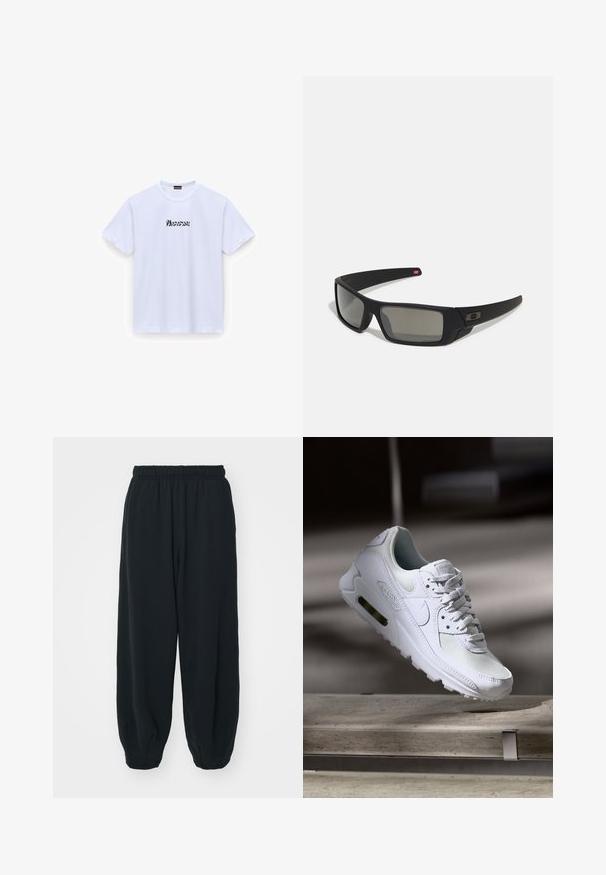 Biała bawełniana koszulka z krótkim rękawem, okrągłym dekoltem, z czarnym stylizowanym napisem "Wonderful" z przodu. Gładka tekstura, standardowy krój.; Czarne dresy z elastycznym pasem, luźny krój, ściśnięte nogawki, gładka tekstura, bez widocznych wzorów lub ozdób.; Białe sneakersy Nike Air Max 90 z siateczkowym i skórzanym wierzchem, perforowanym czubkiem oraz widoczną jednostką Air w pięcie.; Czarne okulary przeciwsłoneczne z matowym wykończeniem, prostokątne soczewki, lekko wygięte zauszniki, subtelny detal z logo oraz szkła w odcieniu dymnym.