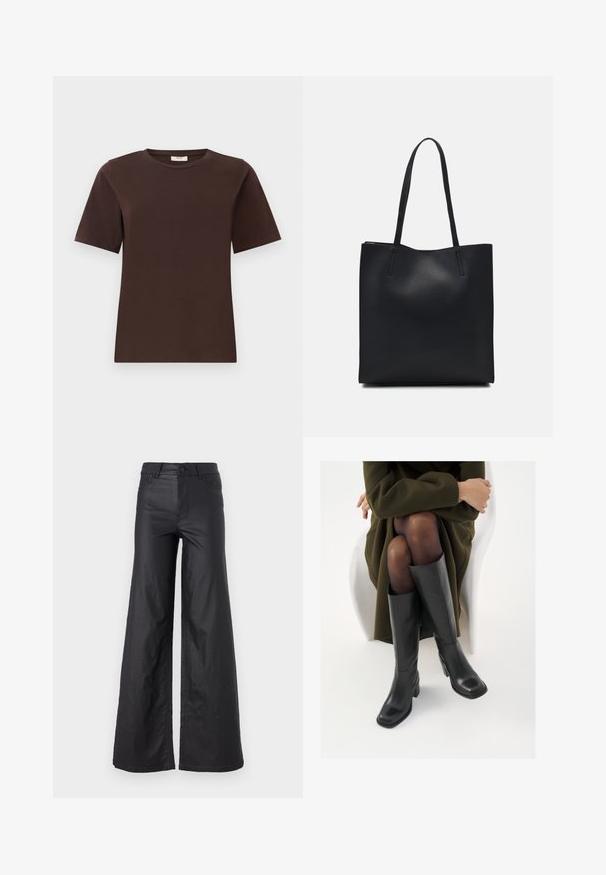 Tricou din bumbac maro cu guler clasic, mâneci scurte și margine dreaptă. Textură moale, fără modele sau embellismente.; Pantaloni negri, cu picioare largi, dintr-un material de piele ecologică. Prezentază talie înaltă, bucle pentru curea, două buzunare frontale și detalii cusute.; Cizme din piele neagră, până la genunchi, cu vârf pătrat și toc bloc, prezentate pe un model așezat într-o haină verde măsline. Textură netedă, detalii minime.; Geantă tote neagră din piele, cu textură netedă, formă rectangulară și două mânere lungi. Fără hardware vizibil sau ornamente.