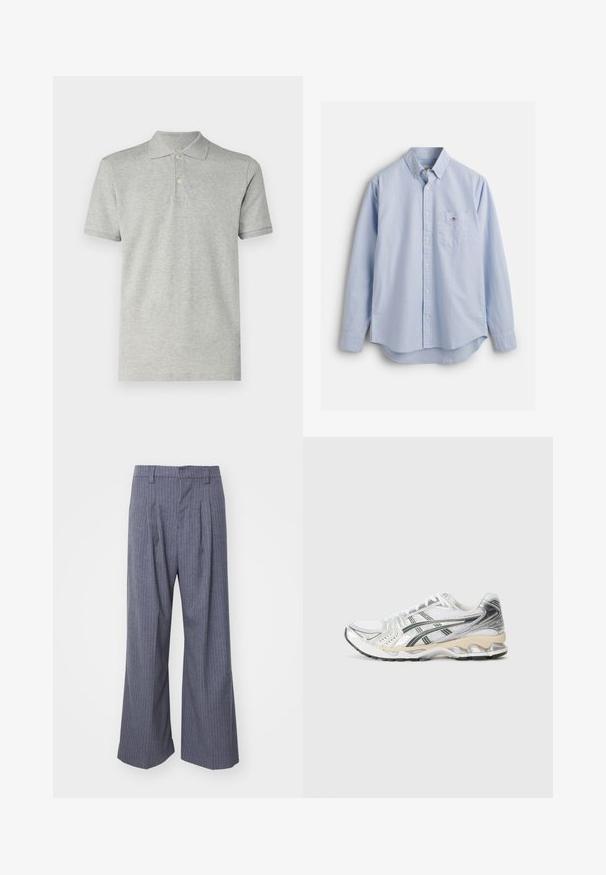 GAP Polotričko - heather grey; Světle modrá košile s dlouhým rukávem a knoflíkovým zapínáním, s límečkem, kapsou na prsou a zakřiveným lemem. Vyrobena z měkké látky s hladkou texturou.; Šedé pruhované kalhoty s širokým střihem, zdobené sklady na přední straně a hladkou texturou. Žádné viditelné doplňky nebo akcenty.; Bílé sportovní boty se stříbrnými a černými akcenty, síťovaný svršek, texturovaný design, polstrovaná podrážka a flexibilní vzor podrážky.