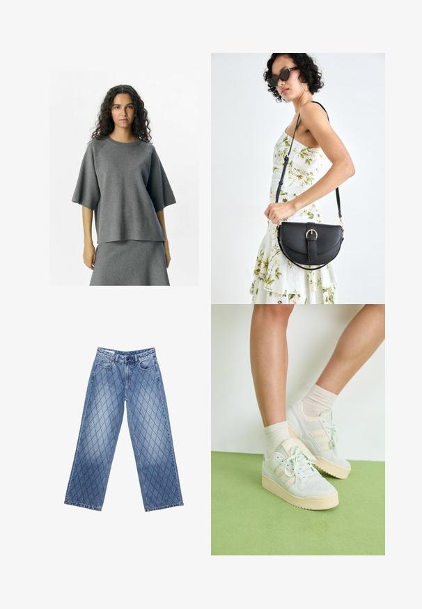 Haut en tricot gris présentant une coupe décontractée, des manches raglan et un col rond. Le matériau a une texture douce, associé à un bas assorti.; Jean en denim à jambe large de couleur bleu clair avec un motif en losange matelassé, comportant cinq poches et une fermeture à bouton à la taille.; Baskets vert clair avec une surface texturée, dotées de trois rayures blanches, d'une semelle en caoutchouc crème et d'un design à lacets. Portées avec des chaussettes claires.; Sac à main en cuir noir avec une forme courbée, bandoulière amovible et des accessoires en or. Le sac est doté d'un rabat avec un détail de boucle.