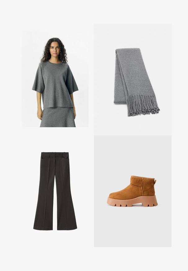 Siv pulover z ohlapnim krojem, raglan rokavi in okrogel izrez. Material ima mehko teksturo, v kombinaciji z ujemajočim se dnom.; Črne razširjene hlače z visokim pasom; vključujejo dva sprednja žepa in gladko teksturo tkanine. Primerne za različne priložnosti.; Bež nubuk gležnjarji z zaobljenim prstom, teksturirano rjavo podplato in zanko za zatezanje. Imajo šivano šiv in močno platformo.; Siva volnena šal s mehko teksturo, ki ima frufrane robove in preprost vzorec. Skrbno zložen, da pokaže svojo podolgovato obliko.
