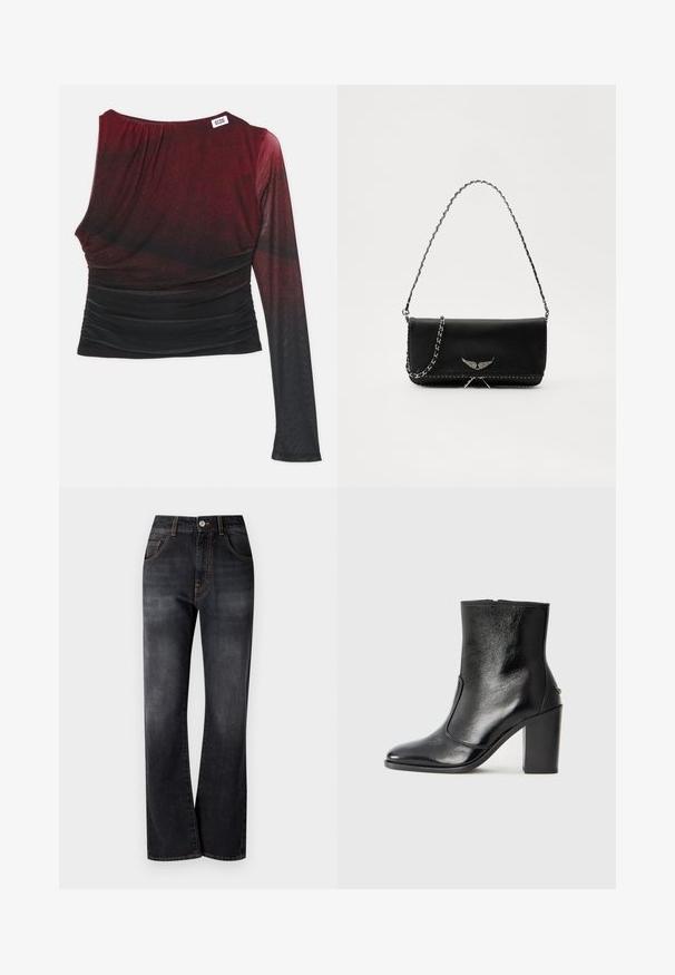 Rotes und schwarzes Langarmoberteil mit einer angepassten Silhouette, gerafften Details und runder Ausschnitt. Glatte Stoffqualität mit einem Ombre-Effekt.; Schwarze Jeans aus Denim mit geradem Bein, ausgestattet mit orangen Nähten, Fünf-Taschen-Design und einem klassischen Knopfverschluss an der Taille.; Schwarze Leder-Stiefelette mit glatter Textur, spitzem Fuß und klobigem hohen Absatz. Verfügt über eine seitliche Öffnung und ein minimalistisches Design.; Schwarze Lederhandtasche mit einem silbernen Kettenriemen, verziert mit dekorativen Flügelakzenten und weißen Nähten entlang der unteren Naht.