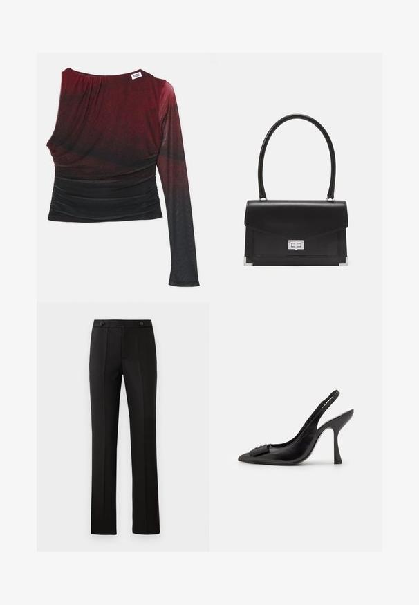Rotes und schwarzes Langarmoberteil mit einer angepassten Silhouette, gerafften Details und runder Ausschnitt. Glatte Stoffqualität mit einem Ombre-Effekt.; Schwarze maßgeschneiderte Hose mit geradem Bein, zwei vorderen Taschen, einem Knopfverschluss und unteren Falten vorne. Glatte Stofftextur.; Schwarzer Leder-Slingback-Schuh mit spitzem Zehenbereich, schlankem High Heel und dekorativem Schleifenakzent. Glatte Textur und elegantes Design.; Schwarze Lederhandtasche mit strukturiertem Design, einem oberen Griff und einem silbernen Verschluss. Verfügt über Eckenakzente und eine glatte Textur.
