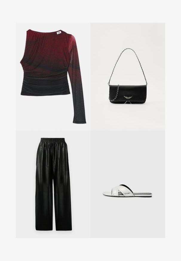 Piros és fekete hosszú ujjú felső, testhezálló fazonnal, redőzött részletekkel és kerek nyakkivágással. Simaságával és ombre hatásával tűnik ki.; Fekete bőr széles szárú nadrág, rugalmas derékkal, két oldalsó zsebbel és sima, fényes textúrával.; Ezüst, lapos csúszó szandál, fényes fémes felülettel, ívelt pánt kialakítással, kivágott díszítésekkel és texturált talppal a tapadás érdekében.; Fekete bőrtáska ezüstlánc pánttal, díszes szárnyakkal és fehér varrással az alsó varrat mentén.