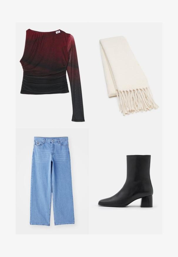 Red and black long-sleeve top with a fitted silhouette, ruched details, and a round neckline. Smooth fabric with an ombre effect.; Light blue wide-leg jeans made of denim, featuring a classic five-pocket design and a button-fly closure. Smooth texture, frayed hem.; Black leather ankle boot with a pointed toe and a chunky square heel. Smooth texture with a seamless design and minimalistic stitching.; White scarf with a textured pattern, featuring fringed ends. Material appears soft and lightweight, folded neatly for display.; Black tote bag made of textured material, featuring two long handles and a simple, minimalistic design with no visible hardware.