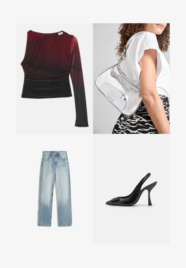 Maglia a maniche lunghe rossa e nera con silhouette aderente, dettagli arricciati e scollatura rotonda. Tessuto liscio con effetto ombré.; Jeans in denim azzurro chiaro, a vita alta, con un design a gamba dritta. Presentano un classico stile a cinque tasche e una leggera scoloritura sul davanti.; Scarpa a slingback nera in pelle con punta affilata, tacco alto e sottile, e un accentuato adorabile fiocco decorativo. Texture liscia e design elegante.; Borsa a spalla metallica argento con una texture liscia, design curvo, tracolla a catena e un pannello frontale lucido con una sottile incisione del logo.