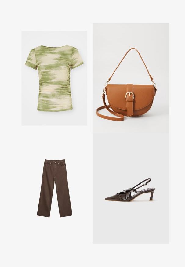 Noisy May NMLESLEY RUCHING - Triko s potiskem - eggnog/kalamata desert; Hnědé džíny s širokými nohavicemi vyrobené z denimu, s vysokým pasem, předními kapsami a klasickým zapínáním na knoflík. Hladká textura s jemným švem.; Hnědé lakované kožené slingback podpatky s špičatou špičkou, nastavitelnými popruhy a dekoračními přezkami na přední straně. Výška podpatku 7,5 cm.; Hnědá kožená křížová taška s zakřiveným tvarem, zlatými detaily a akcentem s přezkou. Obsahuje odnímatelný popruh na rameno.