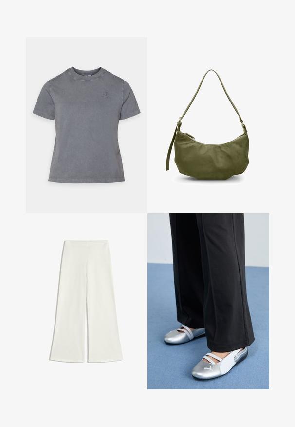 Šedé bavlněné tričko s kulatým výstřihem, krátkými rukávy a malým vyšitým logem na hrudi. Měkká textura a neformální design.; Bílé široké kalhoty vyrobené z jemné tkaniny. Mají vysoký pas a žádné viditelné švy, což vytváří čistou siluetu.; Stříbrné a bílé ploché boty s křížovými pásky a texturovaným detailem, doplněné volnými černými kalhotami. Umístěno na modré podlaze.; Olivově zelená kožená kabelka přes rameno s zakřiveným tvarem, zipovým uzávěrem a nastavitelným popruhem. Hladký povrch s minimálním kovovým zdobením.