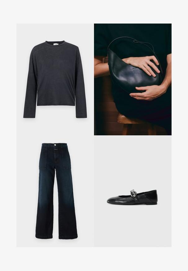 T-paita, tumma harmaa, pitkät hihat, lyhyt malli, valmistettu kevyestä, hieman rakenteellisesta kankaasta. Ominaisuuksina pyöreä kaula-aukko ja letkeä istuvuus.; Tummansiniset leveälahkeiset farkut, joissa on korkeavyötärö, etutaskut ja etunappi. Sileä pinta, jossa on kevyt haalistuma.; Mustat nahka ballet-mokkasiinit, joissa on kärjellinen muoto, ympyrämäinen metallinen solki ja tasapohja.; Mustikasta nahkakassin, jolla on ainutlaatuinen kuun muotoinen rakenne. Ominaisuuksiin kuuluu minimalistinen muotoilu, sileä pinta ja hienovarainen logo. Säädettävä hihna.