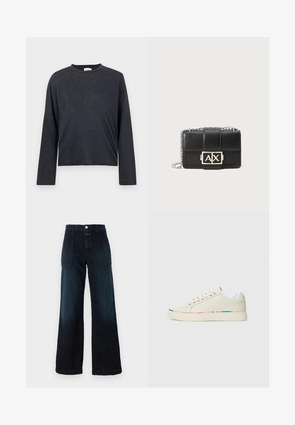 Mørkegrå, langermet, cropped t-skjorte laget av et lett, lett teksturert stoff. Har rund halslinning og løs passform.; Mørkeblå brede jeans laget av denim, med høy midje, frontlommer og knappelukking foran. Jevnt teksturert med en liten falming.; Off-white lav top sneaker med snøring, hvit innvendig fôr og subtilt flerfarget trim langs sålekanten, sidevisning.; Svart lærveske med quiltet design, sølvkjedehank og et fremtredende sølv "AX"-logo foran. Kompakt rektangulær form.