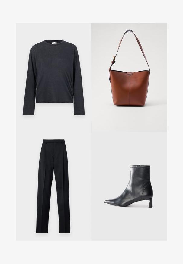 Tamsiai pilkas, ilgomis rankovėmis, trumpas marškinėliai pagaminti iš lengvo, šiek tiek tekstūruoto audinio. Dėvimi su apvaliu kaklu ir laisvu siluetu.; Juodos kelnės iš lygaus audinio, pasižyminčios aukštu liemeniu, plačiomis kojomis, priekinėmis klostėmis ir klasikiais diržo kilpomis. Šoninių kišenių nematyti.; Juodas odinis kulkšninis batas su smailiu pirštu ir elegantišku dizainu. Turi žemą kulną ir užtrauktuką gale. Lygi tekstūra.; Ruda odinė petinė rankinė su kreivam formu, lygia tekstūra ir viena plona juosta. Yra švelni siūlė ir mažas logotipo elementas.