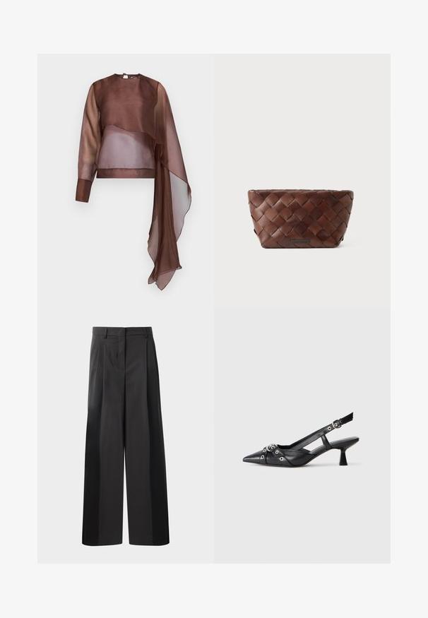 Materiel FLARE SLEEVE BLOUSE - Top - umber; Black wide-leg trousers with a high waist, featuring front pleats, a smooth texture, and a tailored finish. Designed for a relaxed fit.; Black leather slingback shoe with a pointed toe, decorative straps featuring metal eyelets, and a low block heel. Textured surface.; Brown woven leather clutch bag with a trapezoid shape and a small brand plaque on the front center.
