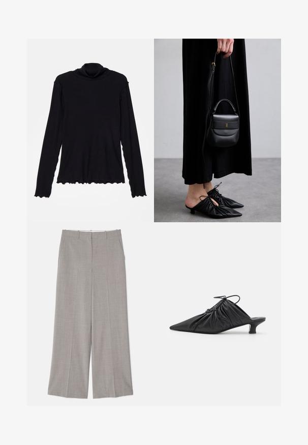 Rodebjer CISNE  - Hosszú ujjú felső - black; Világosszürke, bő szárú nadrág sima, texturált anyagból. Jellemzői közé tartozik a két oldalsó zseb és a testre szabott, egyenes vonalú fazon.; Fekete bőr slip-on mules, hegyes orral, gyűrött textúrával és kis kitten sarokkal. Az nyílásnál húzózsinór részlet található.; Kis fekete bőrtáska kerekded formával, felső fogantyúval és levehető pánttal. Fekete szövetruhával és fekete redőzött cipőkkel viselve.