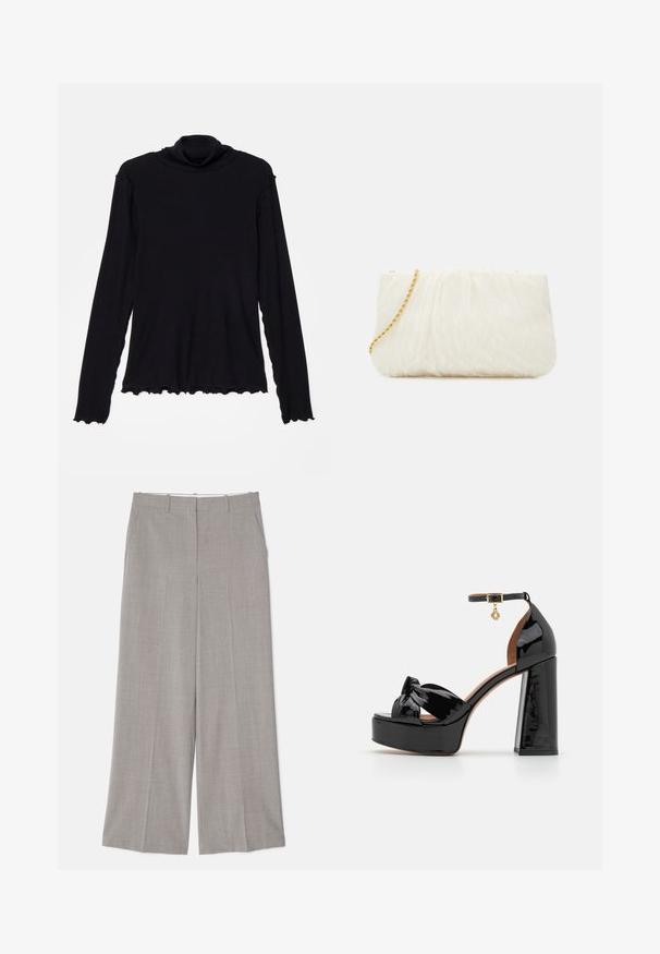 Rodebjer CISNE - Tops ar garām piedurknēm - black; Gai pelēki platā kāju bikses no gludas tekstūras auduma. Iekļautas sānu kabatas un pielāgota forma ar taisnu piegriezumu.; Maje Augstpapēžu sandales - noir; Balta teksturēta pleca soma ar salocītu dizainu, kas aprīkota ar zelta ķēdes siksnu. Gluda virsma ar smalkām viļņveida formām un noapaļotām malām.