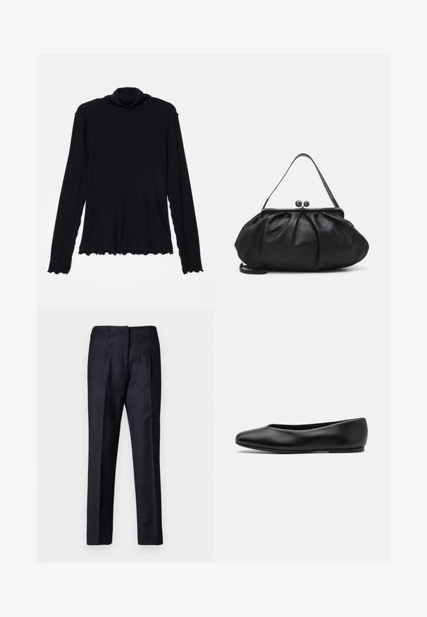 Rodebjer - Bluzka z długim rękawem; Granatowe spodnie o dopasowanym kroju z gładką teksturą, z płaskim przodem, podwójnymi plisami i szlufkami na pasek. Prosty krój nogawki, wykończone dołem.; Paul Smith TOPANGA czarny; Czarna skórzana torebka o zaokrąglonym, plisowanym wzorze. Posiada metalowy zamek z dwoma dekoracyjnymi kulkami oraz smukły, odpinany pasek.