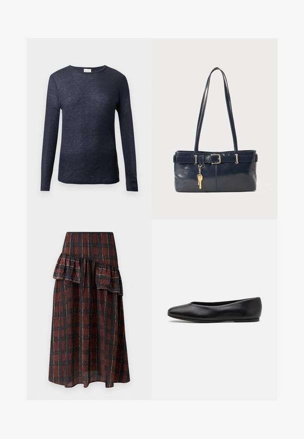 Granatowa, długoskalowa koszulka z okrągłym dekoltem, miękka w dotyku, z lekkiego materiału i luźnym krojem. Widoczna metka marki przy dekolcie.; Maxi spódnica w ciemnoczerwono-czarny wzór w kratę, z warstwowymi falbanami w talii, wykonana z lekkiego materiału o miękkiej fakturze.; Paul Smith TOPANGA czarny; Granatowa skórzana torebka z dwoma długimi uchwytami, detalem w postaci klamry oraz dołączonym breloczkiem. Charakteryzuje się gładką teksturą i prostokątnym kształtem.