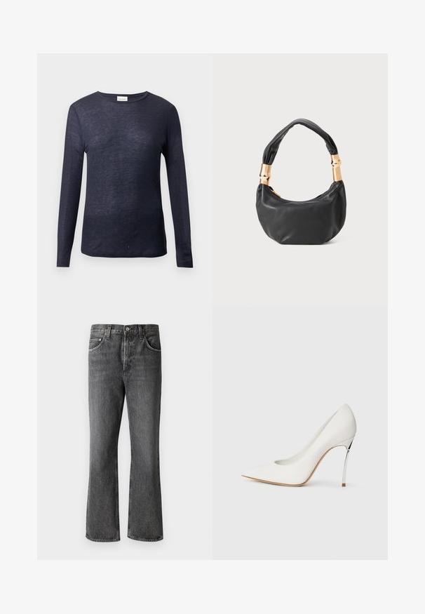 Tengerészkék hosszú ujjú póló kerek nyakú fazonnal, puha textúrával, könnyű anyagból készült, és laza szabású. A márka címkéje látható a nyaknál.; Sötétszürke farmernadrág, egyenes szárú szabással, öt zsebbel és fémből készült részletekkel a derékrésznél és a zsebeknél.; Fehér magas sarkú pumpa, hegyes orral, finom csillámos textúrával borítva. Ezüst fém sarok kiemeli a kontrasztot. Elegáns dizájn.; Fekete bőr kézitáska kerek formával, puha textúrával és csomózott fogantyúval, aranyszínű fém díszítéssel. Cipzáras záródás.