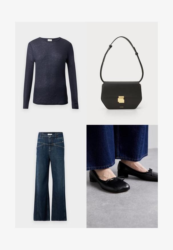 Námornícky dlhý rukáv tričko s okrúhlym výstrihom, jemná textura, ľahký materiál a voľný strih. Značka viditeľná pri výstrihu.; Džíny s širokým strihom vyrobené z tmavo modrej denimu, s vysokým pásom, dvoma prednými vreckami a kontrastným švom.; Čierne kožené topánky so štvorcovou špičkou a malým podpätkom, so zdobnou mašľou na prednej strane. Nosené s tmavými džínsami.; CLOSED CLOSED ONE - Taška cez plece - black