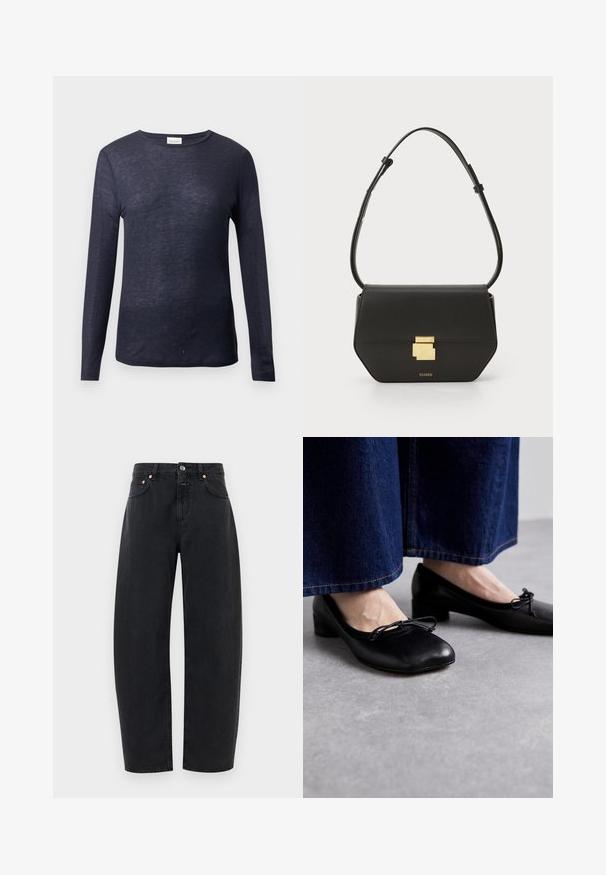 Námornícky dlhý rukáv tričko s okrúhlym výstrihom, jemná textura, ľahký materiál a voľný strih. Značka viditeľná pri výstrihu.; Čierne denimové džínsy so strihom rovného nohavice, piatimi vreckami a mosadznými akcentmi. Textília má hladkú štruktúru a klasické prešívanie.; Čierne kožené topánky so štvorcovou špičkou a malým podpätkom, so zdobnou mašľou na prednej strane. Nosené s tmavými džínsami.; CLOSED CLOSED ONE - Taška cez plece - black