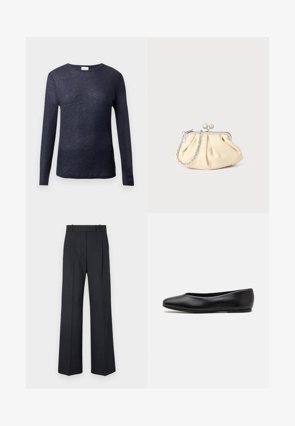 Mornarsko dolgi rokav T-shirt z okroglim izrezom, mehak na otip, lahka tkanina in sproščen kroj. Oznaka blagovne znamke vidna pri izrezu.; Temno modri hlače s pinstripi, visokim pasom, širokimi nogami in brez vidnih kovinskih delov ali okrasnih elementov. Gladka tekstura in prilagojen kroj.; Paul Smith TOPANGA - Balerinke - black; Zavihani bež usnjeni nahrbtnik s srebrnim kovinskim okvirom, ki ima dve okrogli okrasni zaponki in srebrno verižico.