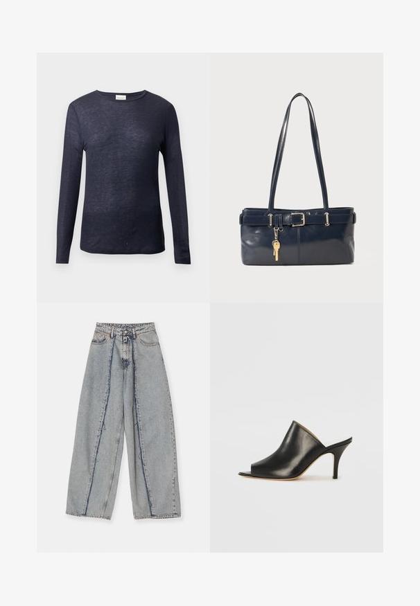 Tume meremeeste pikkade varrukatega T-särk ümmarguse kaelusega, pehme tekstuuriga, kerge kanga ja mugava lõikega. Brändi silt nähtav kaeluses.; Heledad sinine laiem jalgadega teksad, millel on friteeritud servad, kõrge vöökoht ja kontrastsed õmblused. Valmistatud denimist, näidates lahedat sobivust ja minimaalset kulumist.; Must musta avatud varbaga king, millel on sujuv ja kumer disain, kõrge stilettokõrgus ja sile tekstuur. Siseosa on kontrastse heleda värviga.; Tumedast nahast käekott kahe pika käepidemega, pandla detailiga ja võtmehoidjaga. Omab siledat tekstuuri ja ristkülikukujulist vormi.